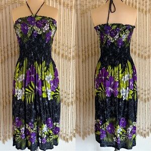 Vintage Hawaiian Black Purple Strapless Midi Smocked Boho Beach Floral Halter ML